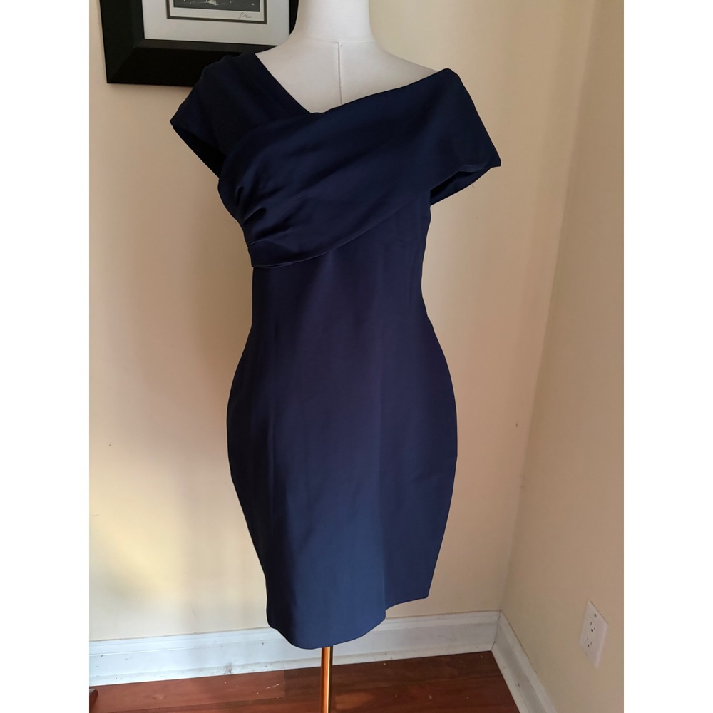 Reiss Cristiana One Shoulder Dress Navy Blue Sheath Cocktail Size 8 NEW - Picture 2 of 7